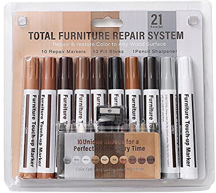 Gereton Markers Repair Kit - Set Of 21 - Wood Repair With Wax Sticks And Wax Sharpener, For Floor, Table, Door, Furniture, Scratch, Stain