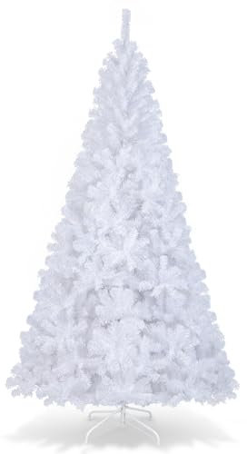 GYMAX Weihnachtsbaum künstlich 240 cm, Christbaum mit 1138 dichten PVC-Spitzen, Kunstbaum Tannenbaum mit Metallständer, für Zuhause, Geschäft & Büro, Weiß