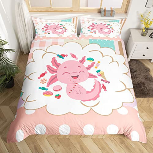 Cartoon Axolotl Bettbezug 200×200 für Kinder Jungen,Rosa Süße Fisch Süßigkeiten Bettwäsche-Set mit 2 Kissenbezügen Trösterbezug,Kawaii Girly Plaid Bettdecke Bettbezug 3 Stück, Weich, Reißverschluss