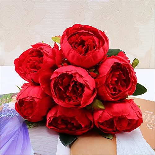 ABCWARRT Soie Artificielle Pivoine Bouquet Fleurs Décoration 7 Têtes Rose Bleu Rouge Blanc Artificielle Faux Pivoines Fleurs Décor À La Maison (Rouge)