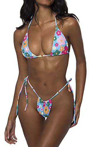 LUNNTE Damen Halfter String Bikini Set Sexy Tanga Frech Zweiteilige Badeanzüge Einfarbige Badebekleidung (Blau Blume, XS)