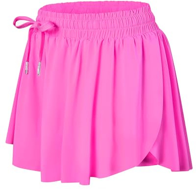 Wsirmet Pantalones Cortos fluidos para Mujer, diseño de Mariposa, 2 en 1, atlético, Entrenamiento, Gimnasio, Ciclista, Correr, con Bolsillos, Brillante Rosa, XS
