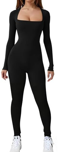 Jetjoy Damen Sport Jumpsuit Lang Yoga Langarm Bodycon Einteiler Ganzkörperanzug Stretch Elegant Jumpsuit eng Eckigem Ausschnitt Gerippte Workout Overall Hosenanzug,Langarm Schwarz,S