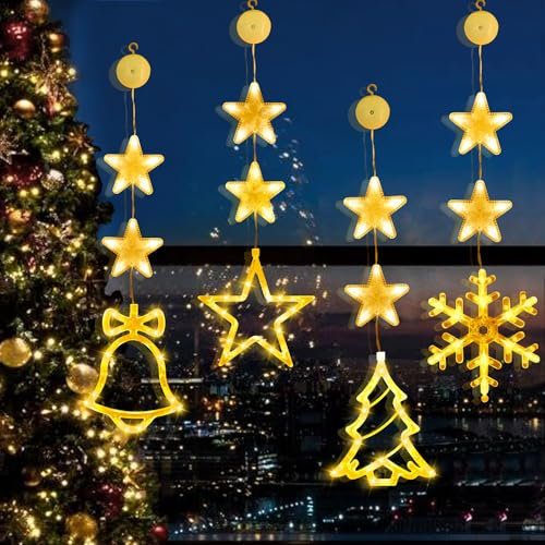 FLSEPAMB 4 Stück LED Sterne Fenster Weihnachtsbeleuchtung, Lichterkette Weihnachten mit Saugnapf, LED Lichtervorhang Weihnachten mit Sterne & Weihnachtsmuster, Fenster Lichter Deko für Weihnachten