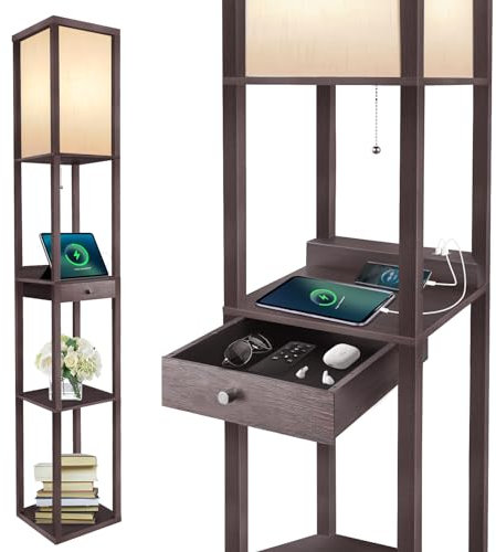 OUTON Shelf Floor Lamp with Drawer, 2 USB-C Ports, LED Column Modern Floor Lamp with USB & Type C Port, 3 Color Temperature, Storage Display Wood Standing Lamp for Living Room, Bedroom, Office(Brown)