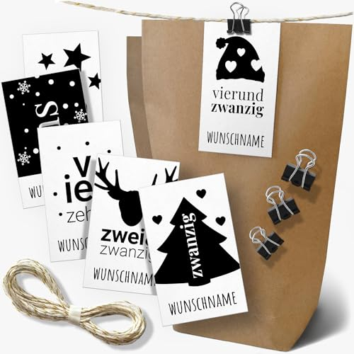 Großes Adventskalender Set PERSONALISIERT mit Wunschname - mit je 24 Tüten, Zahlen-Karten, Klammern und 5m Kordelband - Schwarz Weiss Zahlen als Wörter Weihnachtskalender Weihnachten