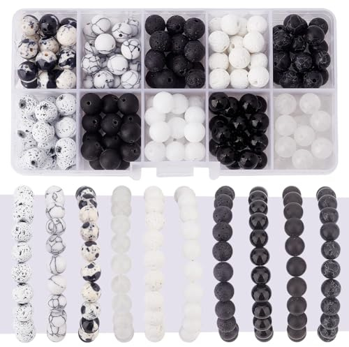 PH PandaHall 180 Stück Edelsteinperlen 8-10 Styles Marmor, Lava Rock, Jade, Türkis Schwarz/Weiß für Armbänder und Halsketten Schmuckherstellung