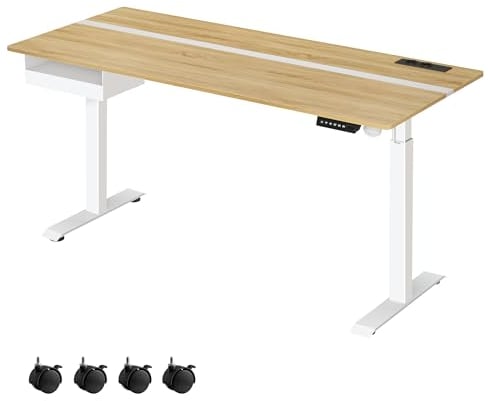 VASAGLE Höhenverstellbarer Schreibtisch elektrisch, 160 x 70 cm Tischoberfläche, Memory-Funktion mit 4 Höhen, mit Steckdosen und Stoffschublade, goldeichenfarben-wolkenweiß LSD116N01