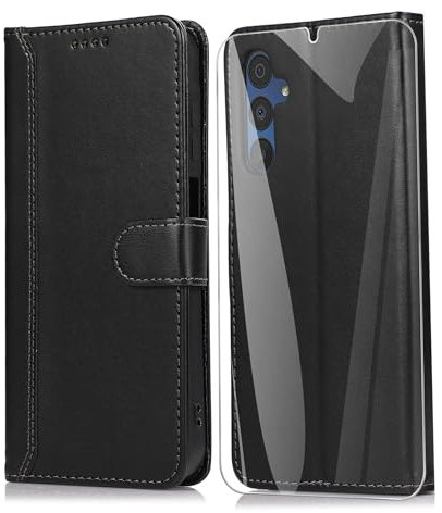 SMYTU Coque pour Samsung Galaxy A15 4G / 5G avec Verre Trempé,Housse en Cuir Protection Portefeuille de Magnétique Case Cover - Noir
