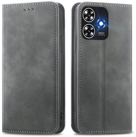 MOJIA Hülle für ZTE Blade A73 4G / V50S, PU Folio Leder Brieftaschen Schutzhülle [Magnetverschluss], Handyhülle mit TPU Innenschale, Kartenhalter Ständerhülle. Grau
