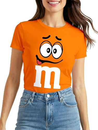 MoonWorks® Damen T-Shirt Fasching Karneval M Aufdruck Gruppen- Kostüm Verkleidung Last Minute Faschingskostüme Frauen Slim Fit Orange XXL
