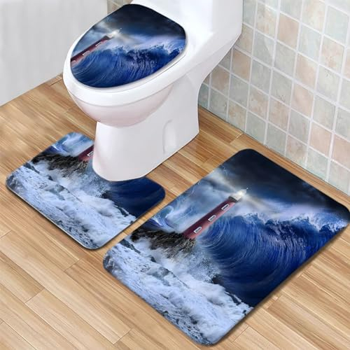 Badezimmerteppich Set 3 Teilig Wellen & Leuchtturm Badematten Set rutschfest U-FöRmige Duschvorleger, Schnell Trocknend WC-Garnitur rutschfest Teppich