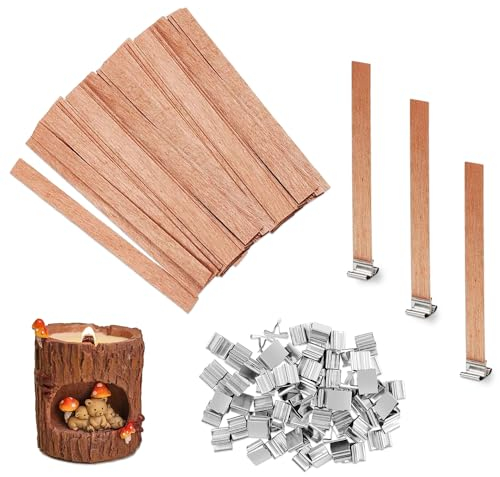 Xmart 80 Pezzi Naturale Stoppino Candela con 80 Supporti in Ferro Stoppini per Candele in Legno per fai da te Senza Fumo Stoppini Tagliabile per Realizza Candele Fatte a Mano (13 x 130 mm)