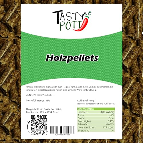Tasty Pott Granulés de bois - Barbecue, fumoir, chauffage et pour le brasero - Saveur de chaleur aromatique - Granulés de bois dans un sac de 6 mm - 15 kg (1)