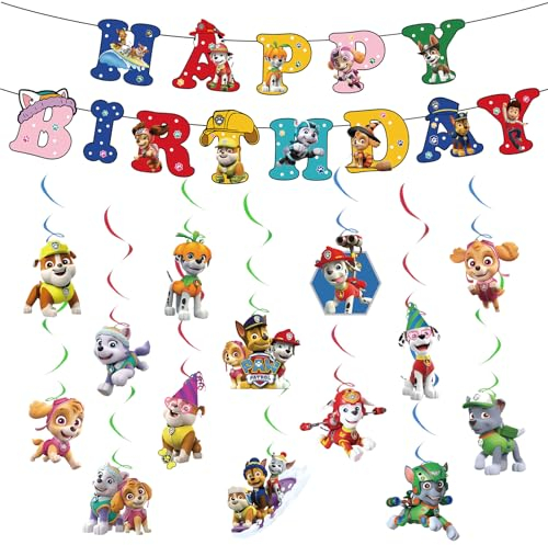 d 16PCS Paw Dog Geburtstag Dekoration, Paw Dog Bunting Girlande und hängende Dekoration, Happy Birthday Banner Dekorationen, Gute zum Geburtstag Banner Dekorationen, Thema für Kinder Geburtstag Party