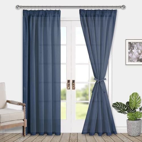DWCN Navy Blue Voile Curtain Pencil Pleat with Tie Backs Rod Pocket Curtain Sheer for Door 2 Panels, Blue, W55 x L96 Inch