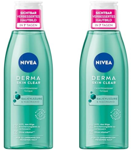 NIVEA Derma Skin Clear Gesichtswasser (200 ml), feuchtigkeitsspendender Toner für ein sichtbar verbessertes Hautbild, Gesichtstonic mit Salicylsäure und Niacinamid (Packung mit 2)