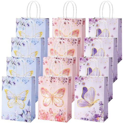 patinadrift 12 Stück Geschenktüten Schmetterling Papiertüten mit Niedlichem Schmetterlingsmotiv Geschenk Tüte Geburtstagstüten Mitgebsel Tüten für Kindergeburtstag Geschenke Verpacken Party Supplies