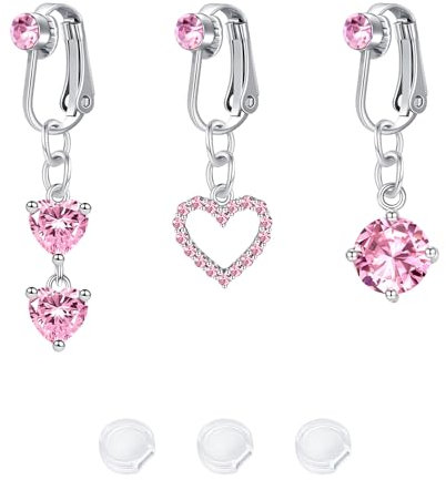 LAURITAMI 3 Pièces Faux Piercing Nombril avec CZ Cœur Papillon Argent Non Percé Clip Fake Anneaux de Ventre Con Pendentif