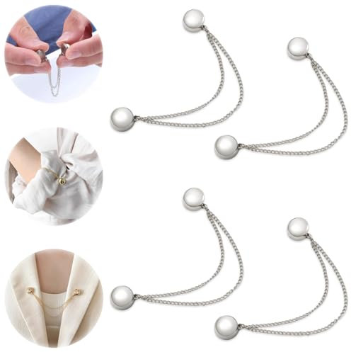 Lucktao 4 Stück Multifunktionale Magnetische Kleidungsclips,Leistungsstarke Hijab-Magnete Mit Kette,Magnetische Knopfklammern,Schal-Dornschließe (Silber)