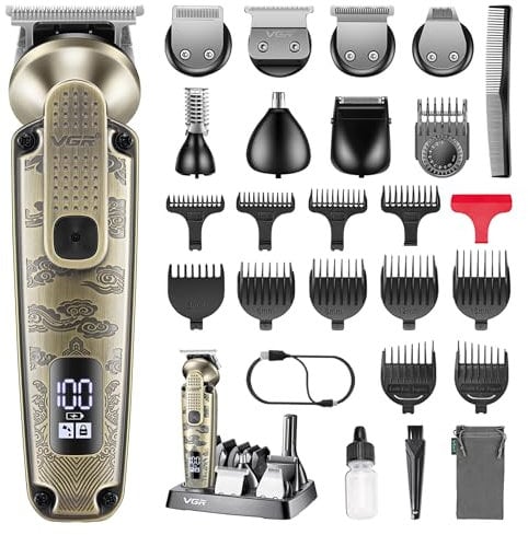 VGR 095 Bartschneider für Männer, 7-in-1 Wasserdichtes Kabelloses Haarschneide- und Trimmer-Set, Elektrorasierer T-Klingen-Trimmer Pflegeset für Nase Körper Ohren Gesicht Schnurrbart