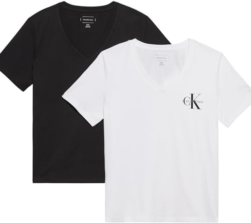 Calvin Klein Damen 2er Pack T-Shirts Kurzarm Logo Tee mit V-Ausschnitt