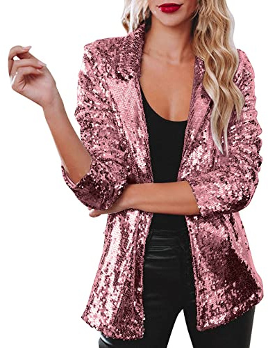 Generisch Damen Glitzerjacke Pailletten Blazer Karneval Kostüm Jacke Anzugjacke Fasching Party Silvester Outfit Revers Langarm Sakko Oberteil Glitzer Outfits Clubwear