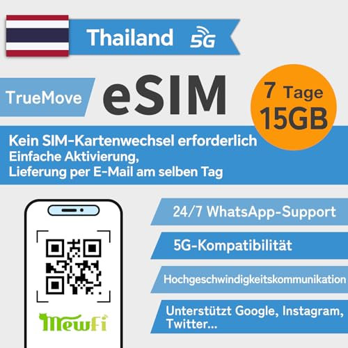 eSIM für Thailand 7 Tage 15GB–Einfache Aktivierung &24/7 Whatsapp-Support–5G,30 Min.Ortsgespräche,unterstützt Google,Ins,Twitter... für eSIM-kompatible entsperrte Smartphones