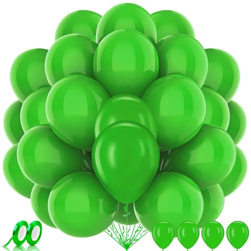 AhfuLife 100 Pcs Green Balloons for Party Decorations, 12 Inch Latex Balloons with 2 Rolls Balloon Ribbon for Birthday Graduation Wedding Anniversary Green Theme Party Decorations