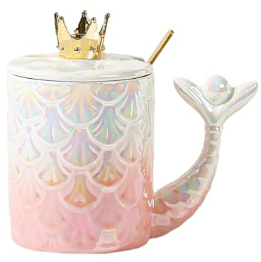 Große Tasse 380 Ml Bürotasse Aus Keramik Mit Fischschuppenprägung „Meerjungfrau“ – Farbverlauf Pink – Mit Deckel