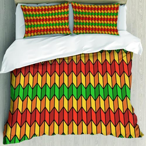 MJNLYDAO Bedding duvet set Reversible soft print set Hypoallergenic glue cover Bedding kit with 2 pillowcases,Rasta, Geometric Zigzag Triangle Inspired Shapes in Flag Colors Art Print,178x208cm