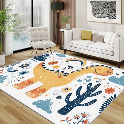 TerroVee Dinosaurier Teppich Waschbar, Kinderzimmer Cartoon Dino Teppich 80x150 cm, Regenbogen Niedlich Lustig rutschfest Waschbar Pflegeleicht Teppiche Für Schlafzimmer Küche, Blau Orange Weiß
