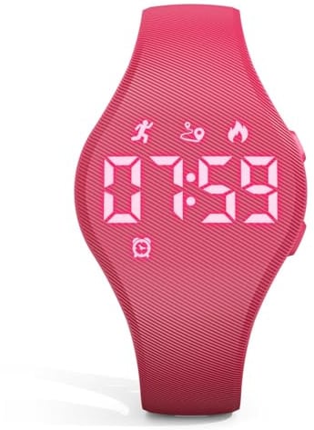 Focwony Digitale Fitness-Tracker-Uhr für Kinder mit LED-Anzeige, für 5–15 Jahre, wasserdichte Armbanduhr ohne App, mit Schrittzähler, Wecker, für Kinder, Jungen, Mädchen, Teenager (Rot)