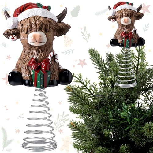 Gejoy Christmas Highland Cow Miniature Tree Topper Ornaments 5.1 Inches Mini Resin Cattle Tree Top Decorations for Rustic Home Farmhouse Holiday Accents Party Decor, Thanksgiving Xmas Gift Ideals