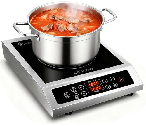 Stainless Steel Induction Cooktop, Professional Commercial Grade Single Burner Electric Cooktop, 1800W Hot Plate Portable Countertop Cooker with Temperature Control, Compatible with Magnetic Cookware