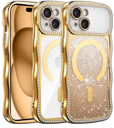UCASONG for iPhone 14 Plus/15 Plus (6.7) Magnetic Wave Frame Case, Gold | Compatible with MagSafe, Sparkly Rhinestone Gradient Glitter Card, Aesthetic Wavy Case, Soft TPU Shockproof Protective Cover