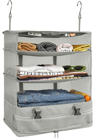 Surblue Kleiderschrank-Organizer zum Aufhängen 3 Ebenen faltbar, waschbarer Oxford-Stoff mit 2 Haken Lichtgrau XL