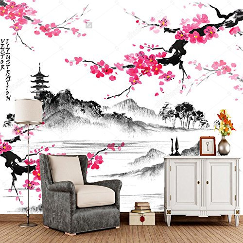 Yosot Paysage Japonais Papier Peint 3D Avec Sakura Branches Retro Murale Pour Salon Chambre À Coucher Canapé Papier Mur À L'Arrière-Plan-300Cmx210Cm