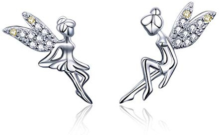 Boucles d'oreilles à tige en forme de fée CZ pour femmes filles en argent sterling S925 plaqué or blanc 18 carats asymétrique avec zircones cubiques bicolores en forme de clochette angulaire