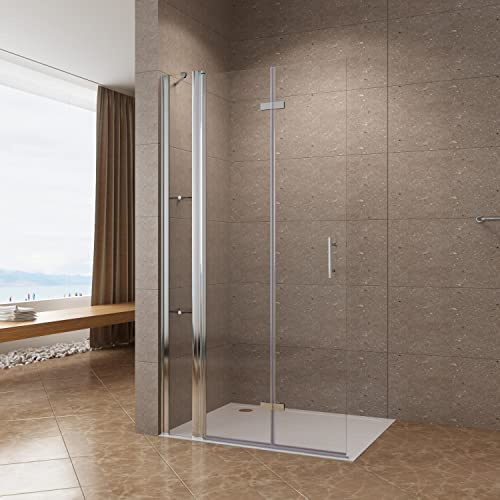 AQUABATOS® 95 x 195 cm Faltbar Duschwand Glas Duschabtrennung Walk in Dusche aus 6 mm Nanobeschichtung Glas, Faltwand Glas für duschwanne mit Festteil seitenteil und Wandablagen Glasregalen