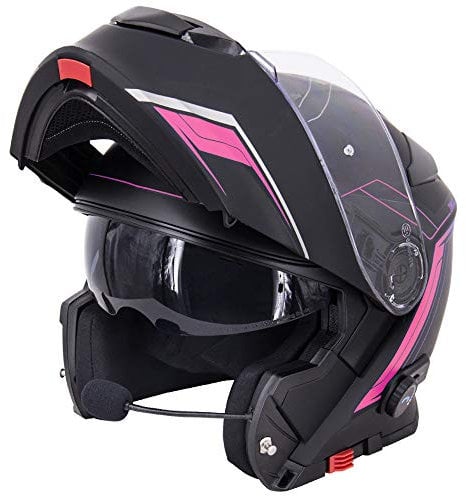 Zorax Matt Black/Pink S (55-56cm) Anti-fog Double Visor Flip up Motorbike Helmet fitted with Blinc Bluetooth System Motorcycle Dual-Speaker Headset,Noise-Free,Automatic Answering