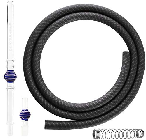 Kaya Shisha Schlauch Set Lolly [4-teilig] mit Glas-Mundstück, Silikonschlauch [150cm] Knickschutz und Schlauchadapter (Blau/Weiß Carbon)