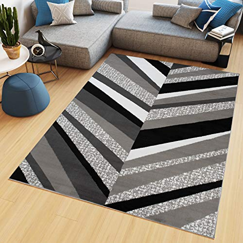 TAPISO Maya Kollektion Teppich Wohnzimmer Kurzflor Modern Streifen Gestreift Meliert Design Grau Schwarz Weiß Schlafzimmer Büro ÖKOTEX 80 x 150 cm
