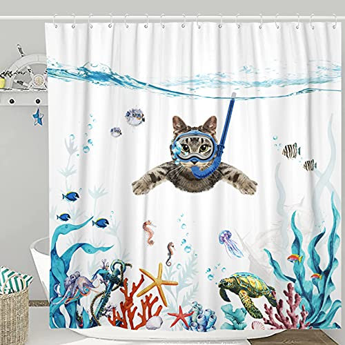 Fowocu Ensemble de Rideaux de Douche en Tissu imperméable avec Chat, océan, Pieuvre, étoile de mer, Tortue, Ancre, Poisson, décoration de Salle de Bain Nautique (Bleu, 183 x 183 cm)