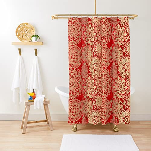Rideau de douche à motif mandala rouge et doré - Motif géométrique de Noël - Fleurs métalliques jaunes - Pour salle de bain, baignoires, cabines de douche, dortoir, crochets inclus.