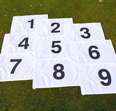 eclipse branding Numbered Golf Pin Tee Flags 1-9 yellow white blue or red with Ties for the pole (1-9 Red Flags with Ties)