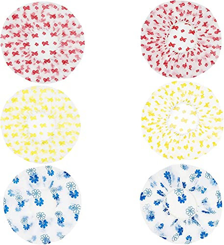 Waterproof Shower Caps 3, 6 Packs, Reusable Shower Hat Bath Cap with Elastic Band Large Plastic Soft Headband Eco Hats for Long Hair Women Ladies Girls Kids Spa Salon (6pcs)
