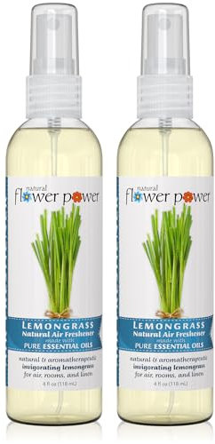 Natural Flower Power Lufterfrischer-Spray, Zitronengras, 2 Stück, parfümiert mit reinen ätherischen Ölen, pflanzenbasierter Geruchsvernichter, Raum, Wäsche oder Autospray, tierversuchsfrei