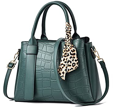 NICOLE & DORIS Damen Handtasche Leder Henkeltasche Tasche Retro Krokodilmuster Designer Schultertasche Frauen Umhängetasche Arbeitstasche Shopper Tote Bag mit Seidentuch Grün