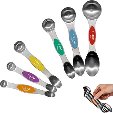 Meiyijia 304 de Acero Inoxidable Cuchara dosificadora,Dosificadoras de Cara para Ingredientes líquidos y Secos, cocción y horneado (Juego de 6 cucharas medidoras Doble cara/magnéticas)